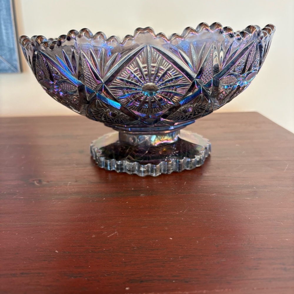 Vintage Imperial Amethyst Smoke HobStar Carnival Glass Pedestal Bowl
